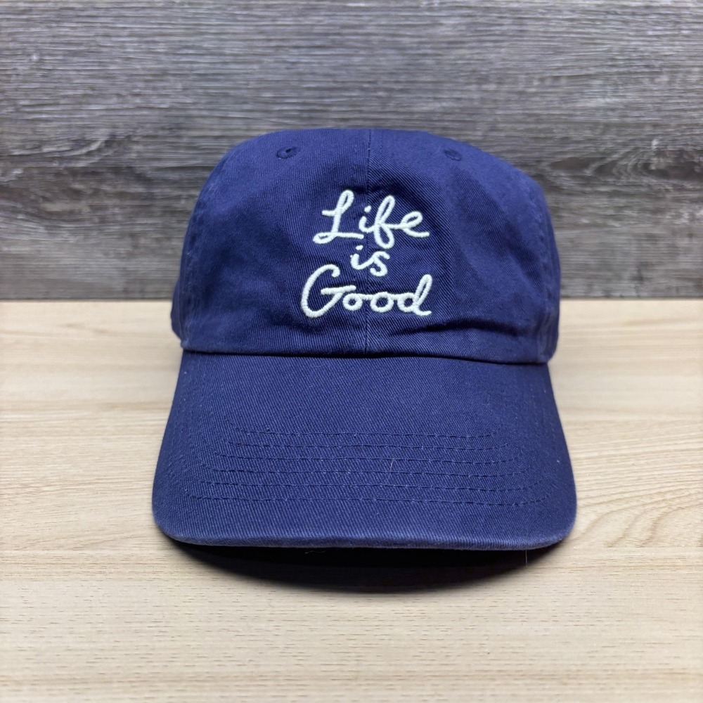 Life Is Good Hat Cap Strap Back Mens Navy Blue Optimist Embroidered